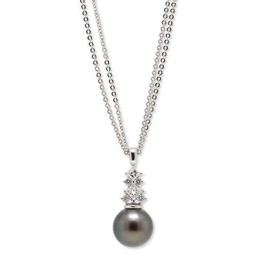 18ct white gold black cultured pearl & diamond drop pendant on fine trace chain.