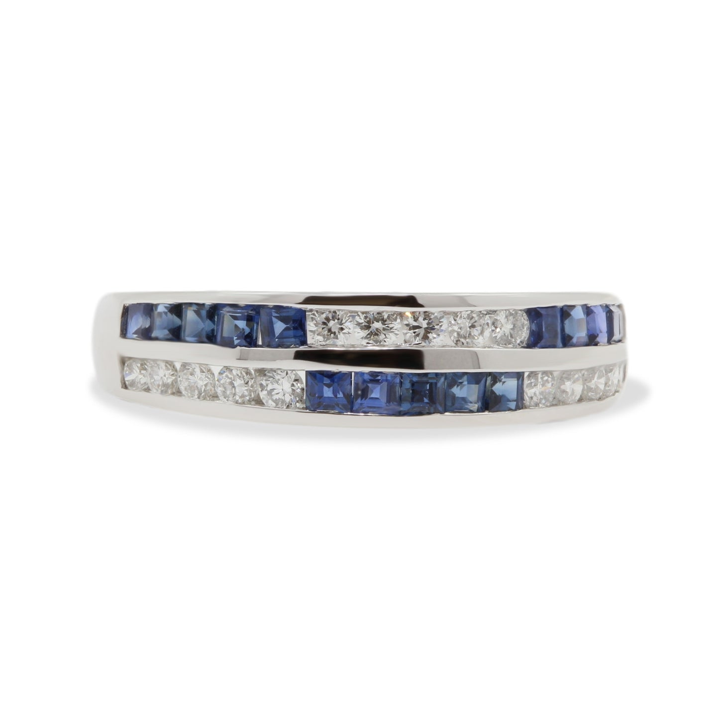 18ct White Gold Channel Set Sapphire & Diamond Chequered Pattern Double Row Eternity Ring.