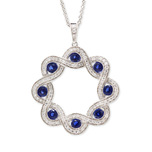 18ct white gold sapphire & diamond plaited circle pendant.