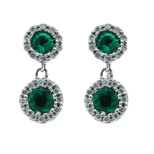 9ct white gold diamond & emerald round double halo drop earrings.
