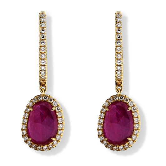 18ct yellow gold rose cut ruby earrings with diamond halo.