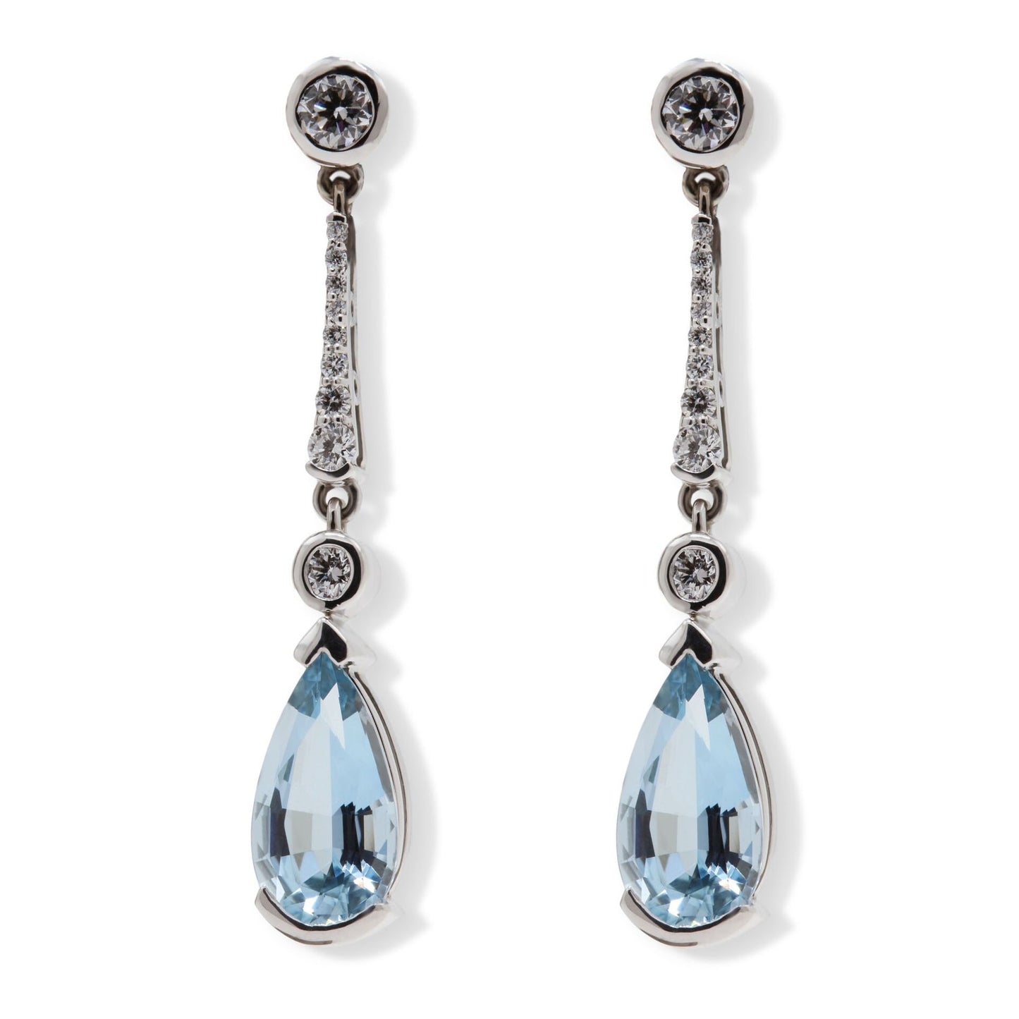 18ct white gold brilliant cut diamond and faceted pear cut aquamarine drop earrings.