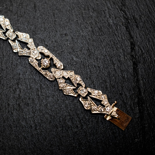 Pre-owned: One 9ct  yellow gold & silver diamond set late Victorian / early Edwardian grain link bracelet - 3.56ct.