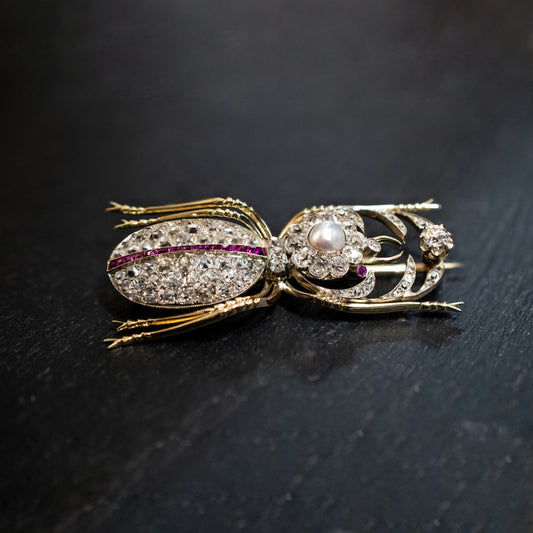 Diamond ruby and pearl encrusted Scarab brooch
