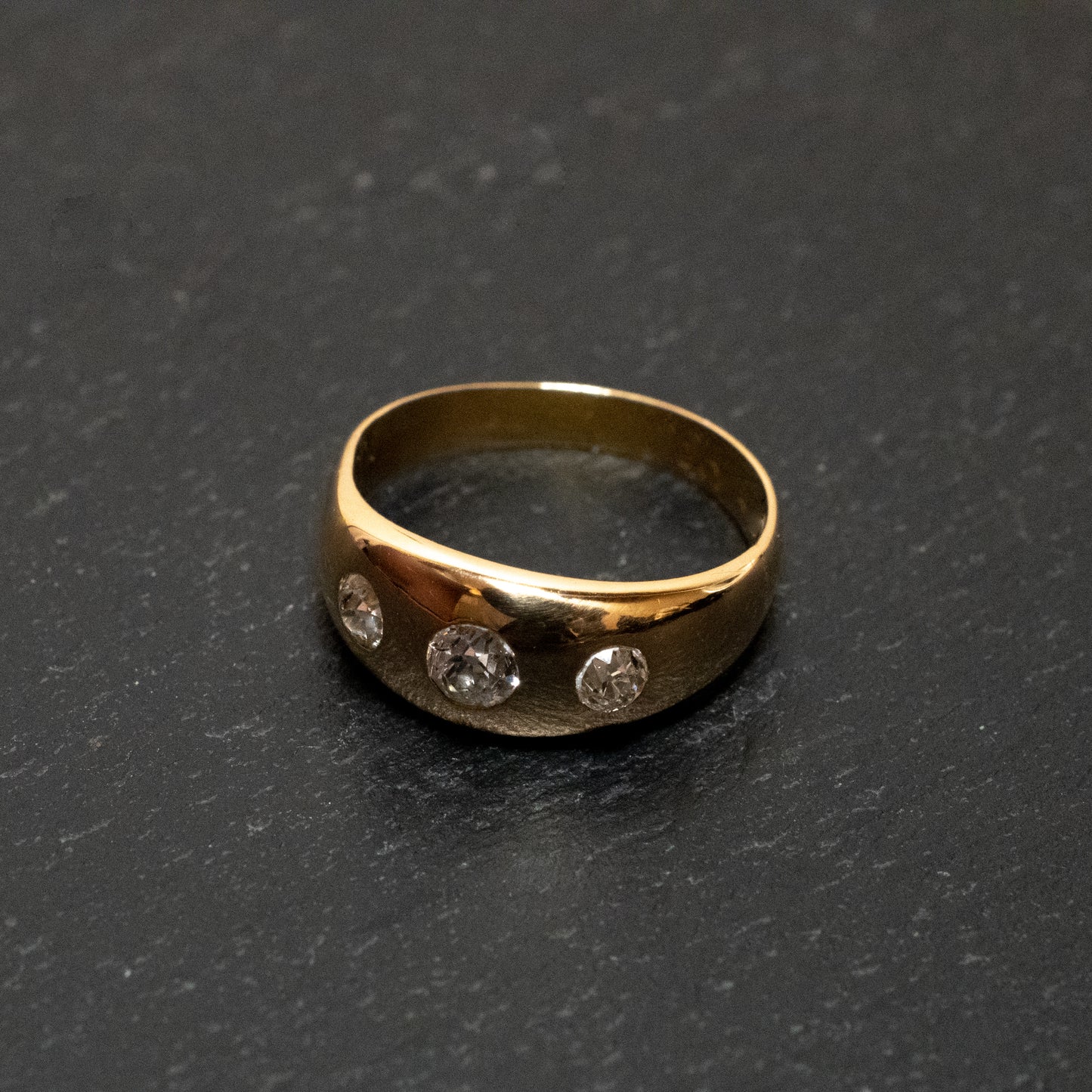  Precious Yellow Metal Old European Cut Diamond Three Stone Domed Dress Ring