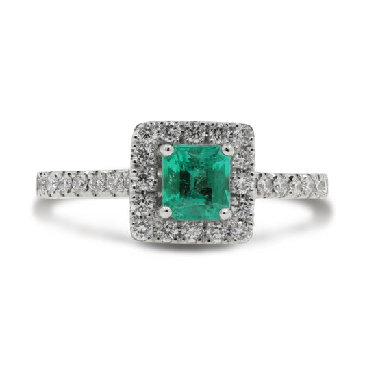 Platinum Square Octagonal Cut Emerald & Diamond Halo & Shoulder Ring.