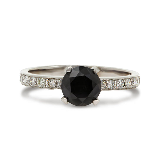 18ct White Gold Black Diamond Solitaire Ring with Diamond Set Shoulders Ring.