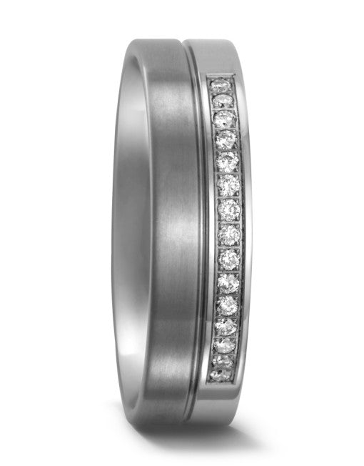 Titanium 6.0mm flat wedding band, off-set brilliant cut diamonds in grain setting  - Matte & polish finish 0.15ct.