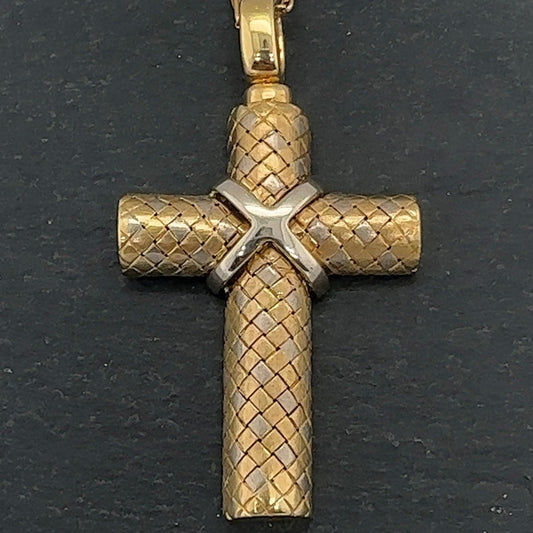 Pre-Owned: One precious yellow metal lattice design cross pendant.