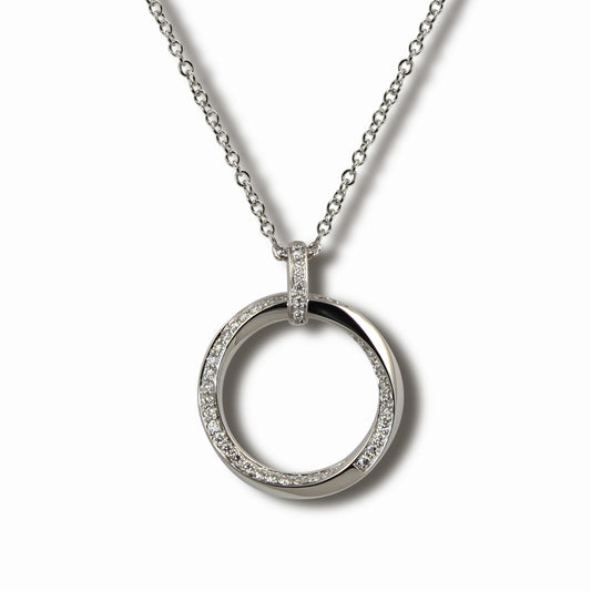 14ct white gold brilliant cut diamond twist design open circle pendant.