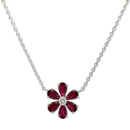 18ct White Gold Ruby and Diamond Daisy Necklace