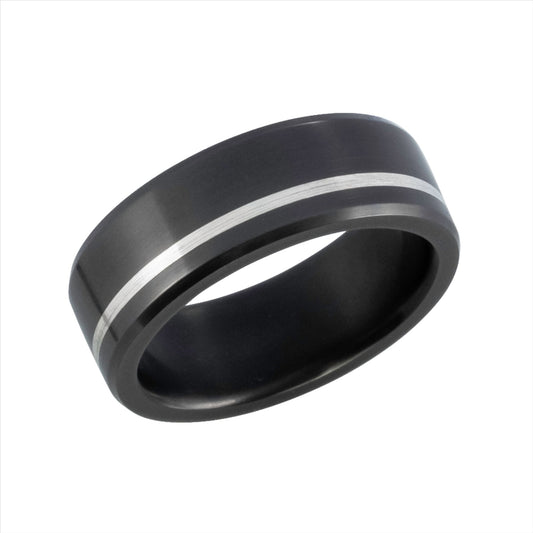 Black diamond 8.0mm bevelled edge offset silver Inlay ring - Polish finish.