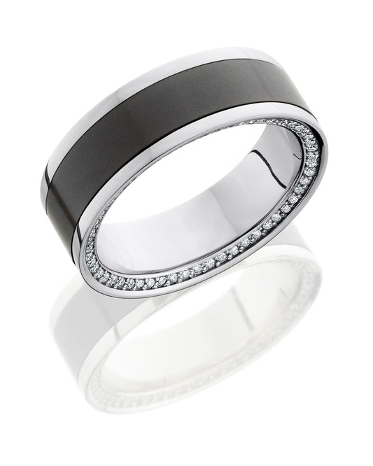 Black diamond 8.0mm platinum reverse inlay band with white diamonds inset to sides - polished finish.