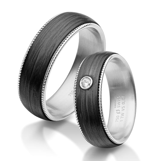 00012300 - Furrer Jacot Palladium & Carbon Fibre 6.5mm wedding band with fine pyramid milligrain edges. -  Ref: 71-29520-0-0.