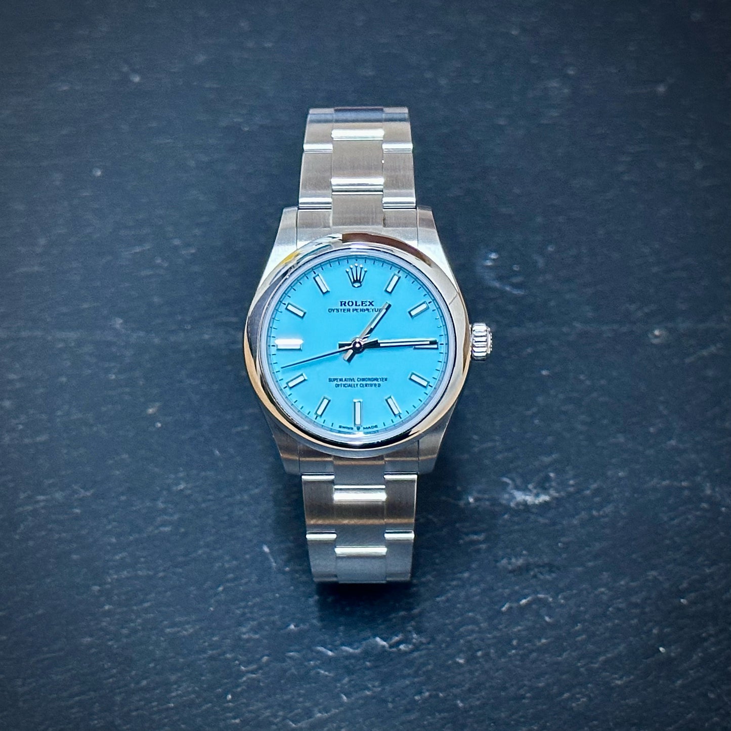 Pre-Owned: Unworn stainless steel Rolex 31mm 277200 'Tiffany' bracelet watch.