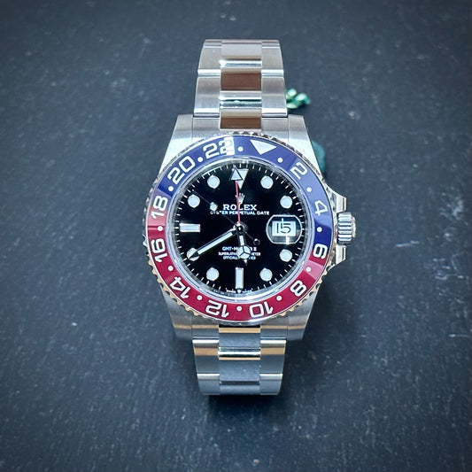 Pre-Owned: Unworn stainless steel Rolex 40mm 126710BLRO 'GMT-Master II' bracelet watch.