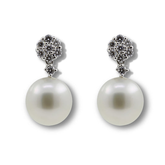 18ct White Gold Pearl & Diamond Cluster Drop Earrings.