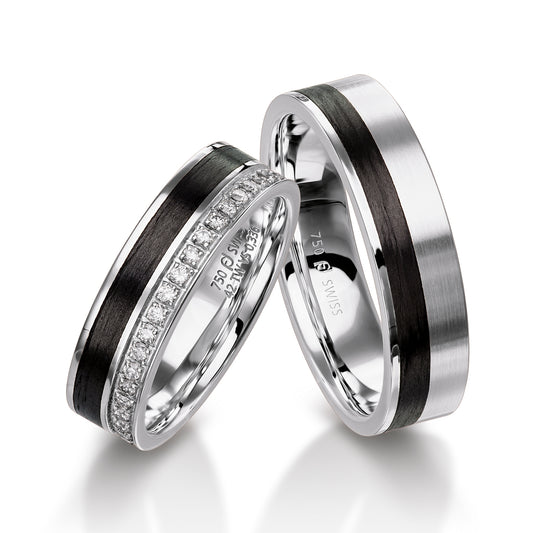 Furrer Jacot Palladium & carbon fibre 5.5mm wedding band, single row diamonds in grain setting, 0.16ct F-G VS - Satin & polish finish. Ref: 61-53150-0-0.